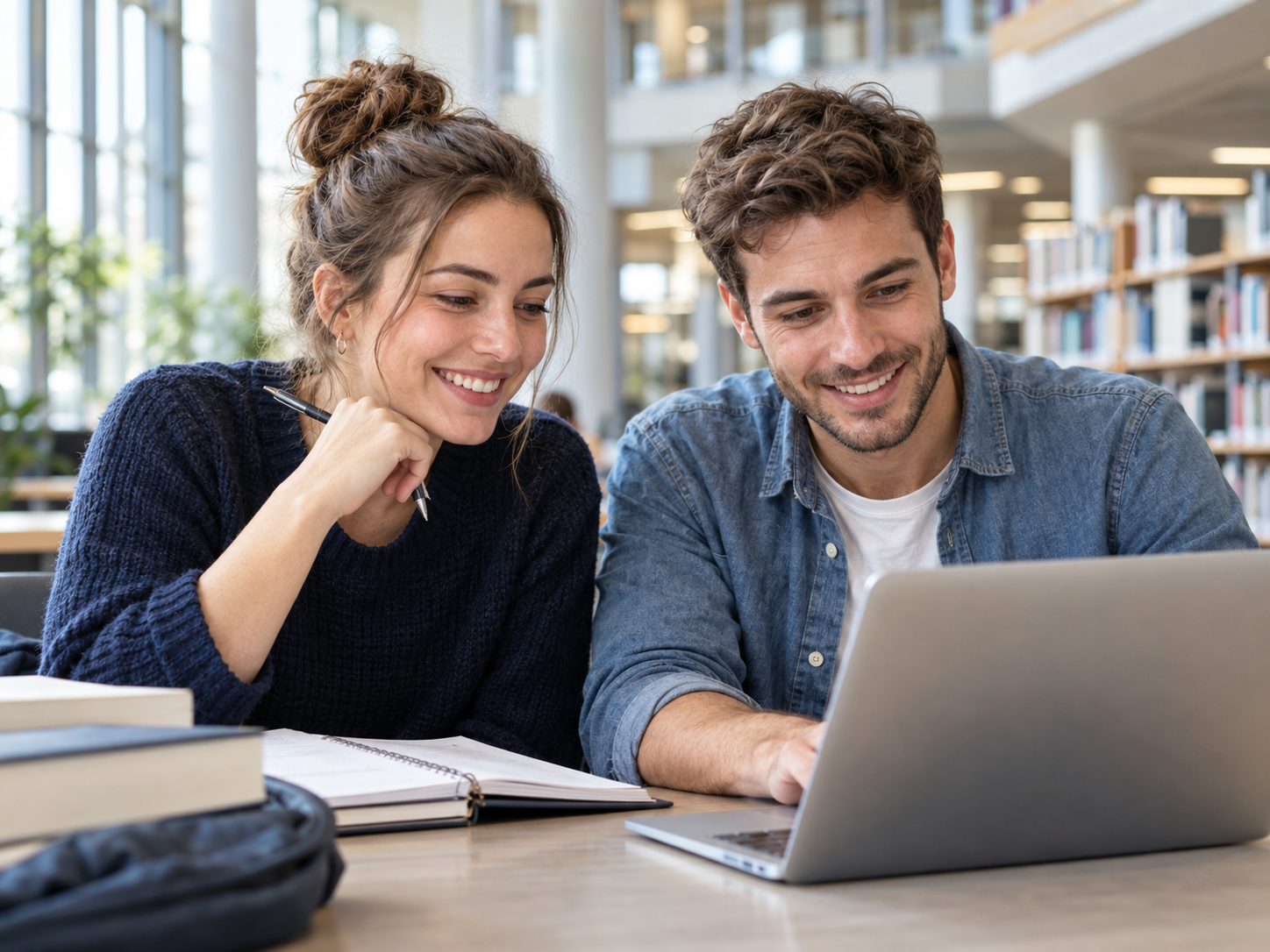 Eine junge Frau und ein junger Mann lernen gut gelaunt gemeinsam am Laptop in einer Hochschulbibliothek
